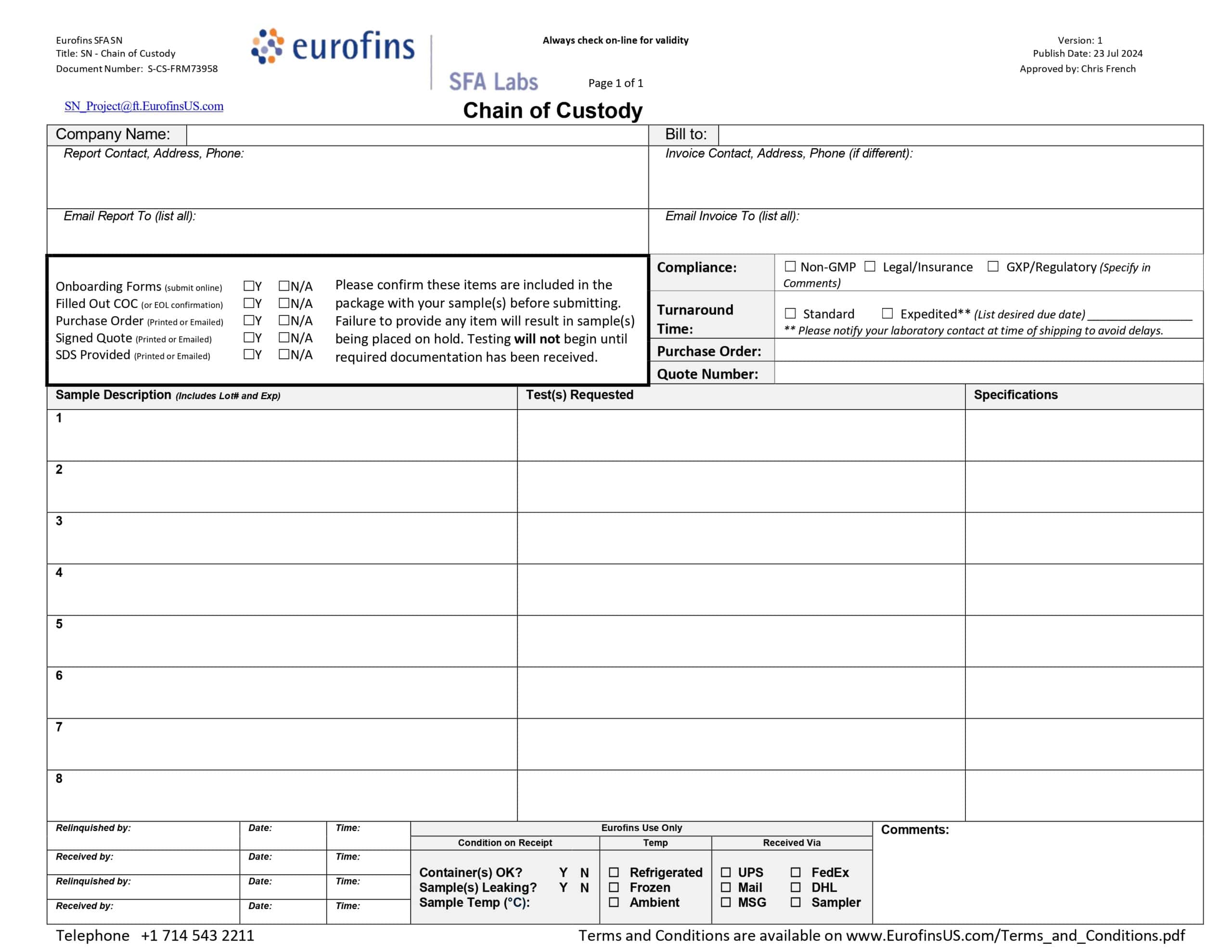 Eurofins SFA SN Special Analysis West Request Form